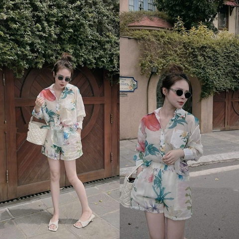 SET676-Set voan hoa áo dài tay quần cộc 2 lớp màu sáng