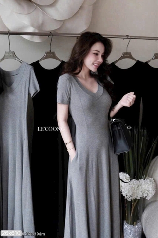 Dam194-Đầm xòe dáng dài cổ tim 2 màu đen-XÁM chất ZIP