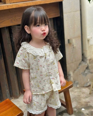 CB251-Combo 2 bộ PIJAMA hoa viền ren bé gái chất xô mát