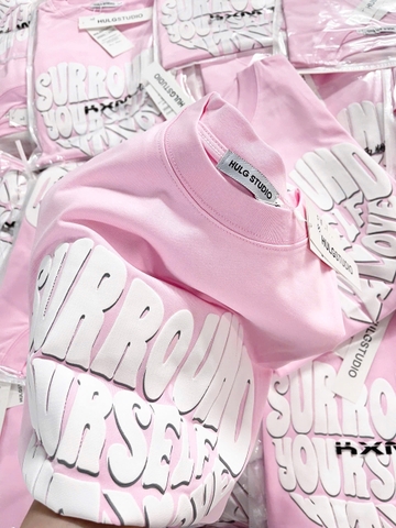 A492-Áo thun cộc tay hồng in chữ trắng nổi đủ tem hàng nhà máy