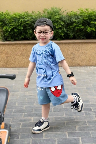 BT456- Bộ áo cotton nhện xanh nhạt mix quần nỉ mì