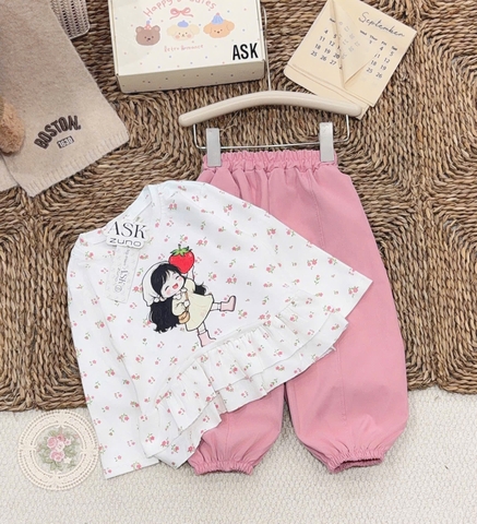 BT1080-Bộ áo hoa babydoll phối quần bo gấu hồng cho bé