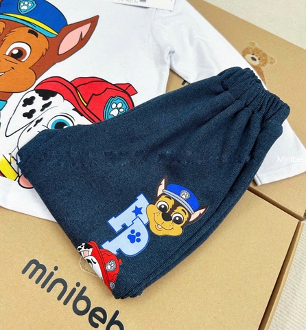 BN187-Bộ côtton thu đông dài tay bé trai CỨU HỘ TRẮNG XANH VNXK