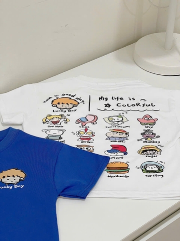 CB345- Combo 2 áo cotton LUCKY BOY xanh trắng cộc tay