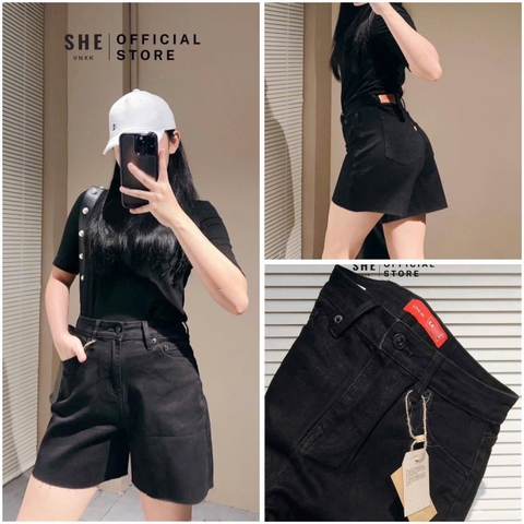 Quan044- Quần short jeans đen hàng máy full tem