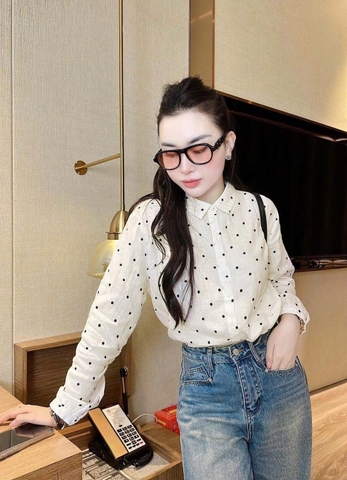 ☘️ÁO SƠ MI GU CHẤM BI dài tay cổ đức màu trắg🌿