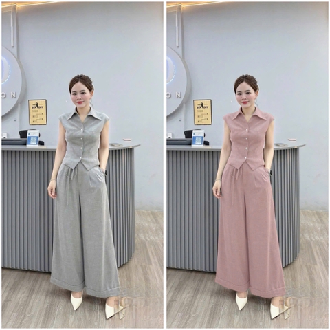 ☘️ set765- SET BỘ ÁO CỔ BẺ V MIX QUẦN LOE ỐNG RỘNG HAI LỚP 🌿