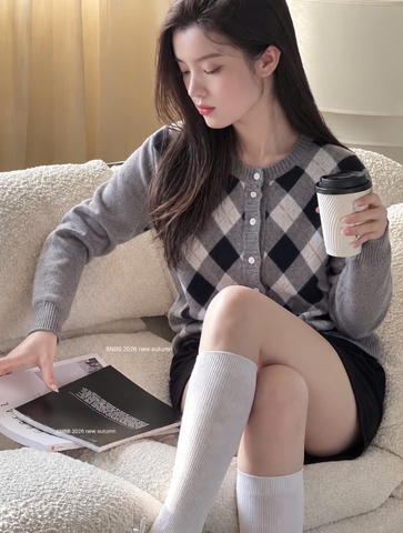 A726-BNBB Áo len cadigan kẻ trám đen xám đủ túi