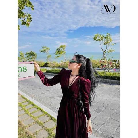 Dam127- Đầm maxi nhung đỏ buôc dây sang chảnh