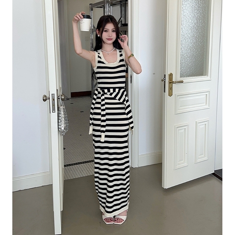 Dam173- Váy len sát nách kẻ ngang dáng dài tặng kèm khăn choàng