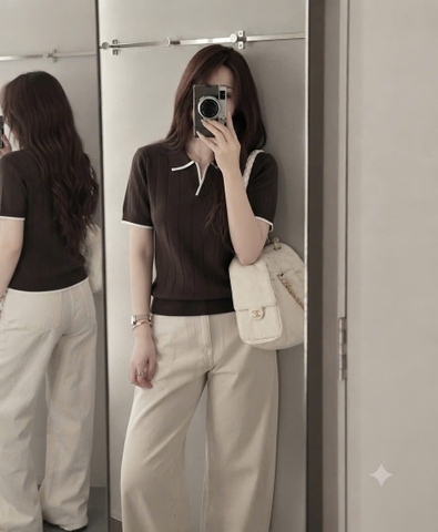 A744-Áo len dệt kim cộc tay nâu viền trắn Camilla