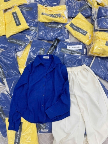 Set677-Set áo đũi xanh coban mix quần đũi màu be suông