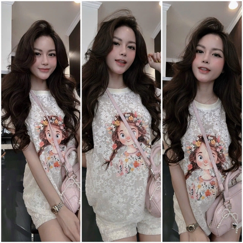 set616- Set bộ ren cô gái quần cộc màu trắng