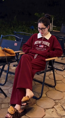 SET1059- Bộ nỉ haida đỏ có cổ NY phối quần suông
