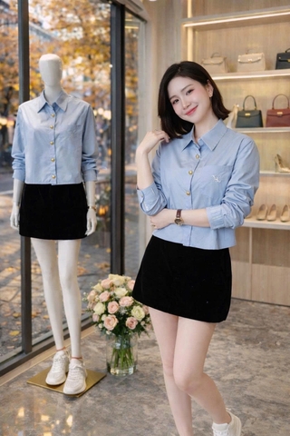 A512-Áo sơ mi tay lỡ xanh biển thêu tay mẫu mới