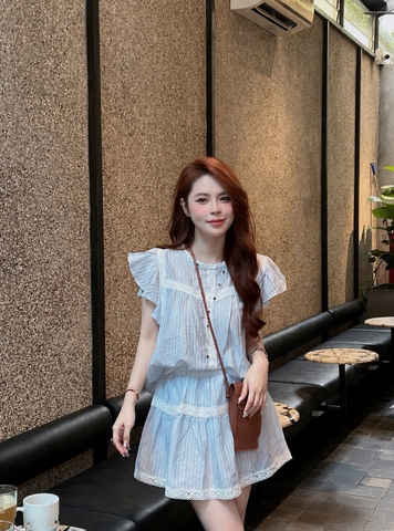 SET1030- Set áo babydoll phối ren kẻ xanh kèm chân váy