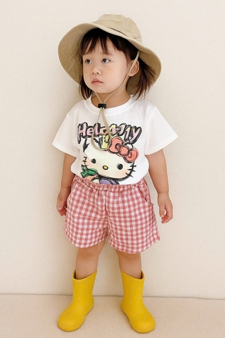 BT595=-Bộ kitty quần kẻ áo cộc chất cotton bé gái