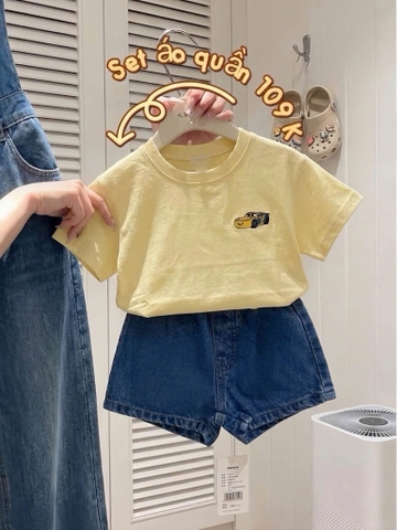 BT1029- Bộ cotton áo cam nhạt mix quần Jeans xanh
