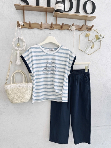 Set729-Set mặc nhà áo thun giấy phối quần lửng pha gió cạp chun