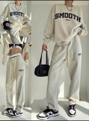 Set809 Bộ mặc nhà áo nỉ màu xám phối quần bo ống