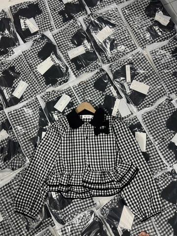 A401- Sơ mi kẻ đen dáng peplum chất thô mềm