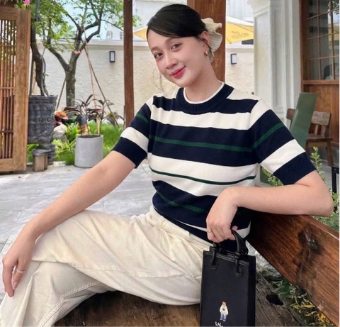 A674-Áo len cộc tay kẻ ngang xanh trắng hàng nhà máy đủ tem