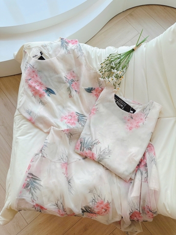 Dam163- Đầm hoa xoe màu nhạt chất voan 2 lớp