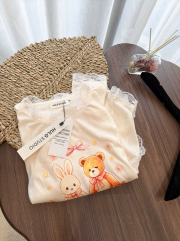 A686-Áo thun giấy tắng phối ren dáng suông rộng