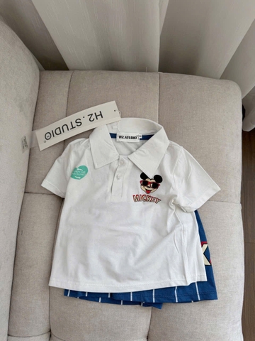 Bt554- Bộ áo polo mickey quần sọc xanh trắng bé trai