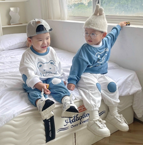 BT733- Combo 2 bộ nỉ bé trai phối màu xanh trắng