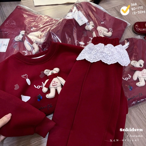 Bt758- Bộ nỉ đỏ viền ren trắng đính gấu nổi chất nỉ hai da cao cấp