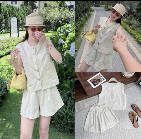 Set871-set áo linen gile phối ren kèm quần short