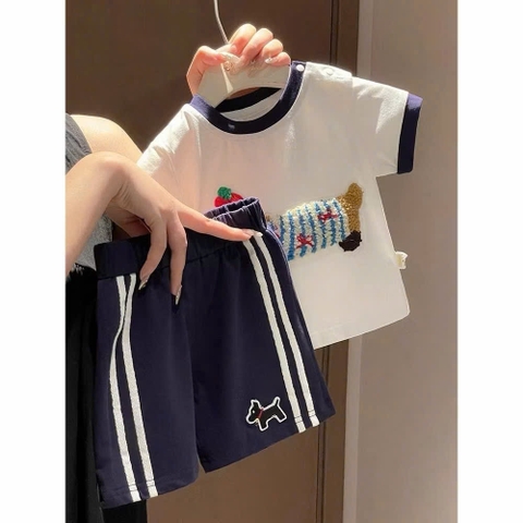 BT834- Bộ cotton đính chó nổi viền trắng-xanh trẻ em