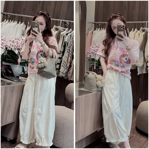 Set902- Set mặc nhà áo thun kẻ hồng phối quần dài bo ống