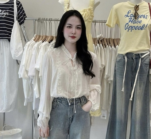 A375-Áo sơmi trắng dài tay phối ren vintage