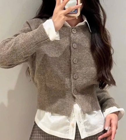A421-Aó len cadigan dáng lỡ màu nâu
