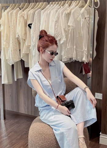 SET993-Set áo phối xanh kèm quần suông dài