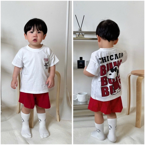 BT489- Bộ CHICAGO áo cotton trắng mix quần cua màu đỏ