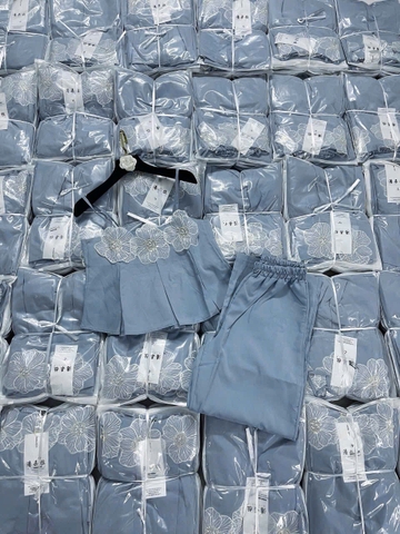 set631- Set hoa ren xanh dây chun lưng sau quần suông