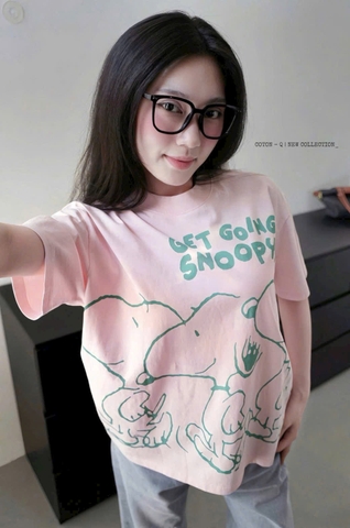 A578-Áo thun suông hồng in Snopy xanh đủ tem