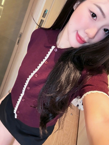 A652-Áo len dệt kim màu đỏ phối ren Cộc tay hàng nhà máy đủ tem