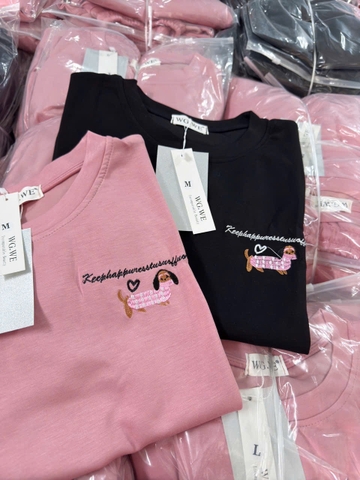 SET518- Set thun mì cộc thêu Cún 2 màu đen,hồng