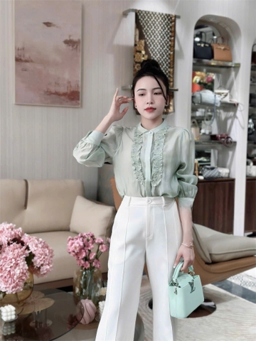 A136-Áo sơ mi nữ voan tơ bèo cổ 2 màu xanh xám