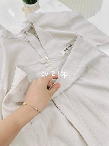 SET733- Set công sở áo cộc tay nơ cổ phối chân váy midi chữ A