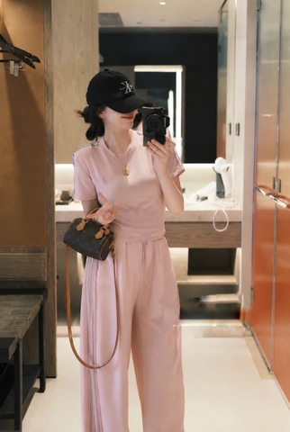 Set1041- Set áo nỉ hồng cộc phối quần suông hồng
