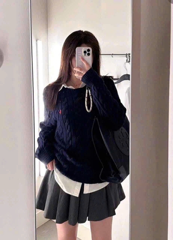 A394- Áo len thừng cổ tròn xanh than hàng nhà máy đủ tem mác