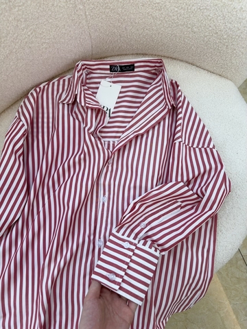 A258- áo sơ mi kẻ đỏ dáng suông chất thô lụa