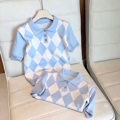 A704- Áo len cộc kẻ trám xanh full tem loại đẹp