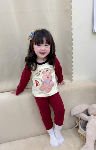 Bt683- Combo 2 bộ thun díp lông dài tay đỏ trắng bé gái