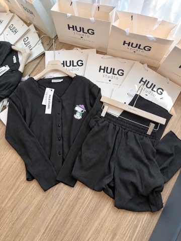 Set1080- Set zip lông mềm màu ghi đậm in CÚN MŨ TÍM